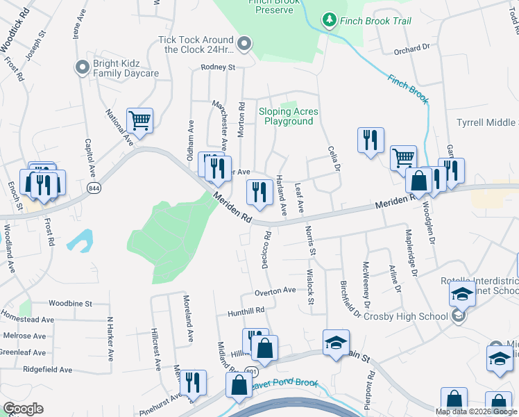 map of restaurants, bars, coffee shops, grocery stores, and more near 975 Meriden Road in Waterbury