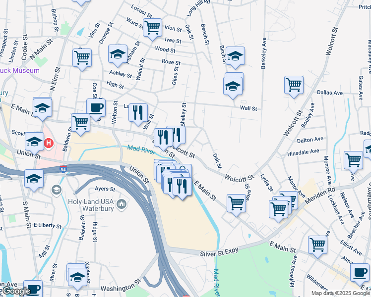 map of restaurants, bars, coffee shops, grocery stores, and more near 15 Howard Street in Waterbury