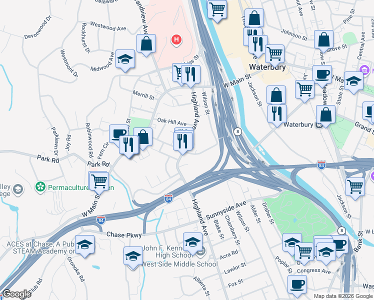 map of restaurants, bars, coffee shops, grocery stores, and more near 146 Highland Avenue in Waterbury