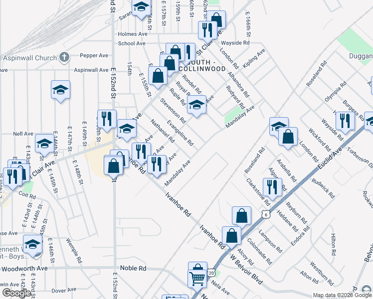 map of restaurants, bars, coffee shops, grocery stores, and more near 1013 Evangeline Road in Cleveland