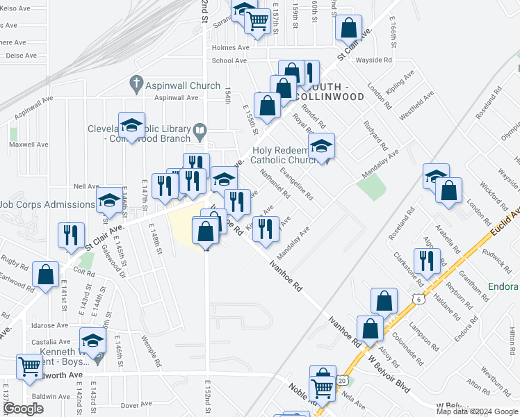 map of restaurants, bars, coffee shops, grocery stores, and more near 15613 Kipling Avenue in Cleveland