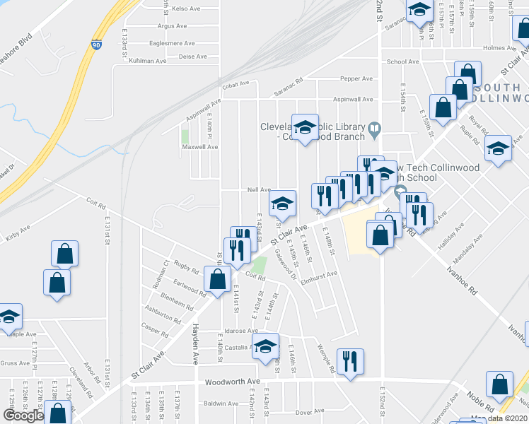 map of restaurants, bars, coffee shops, grocery stores, and more near 960 East 144th Street in Cleveland