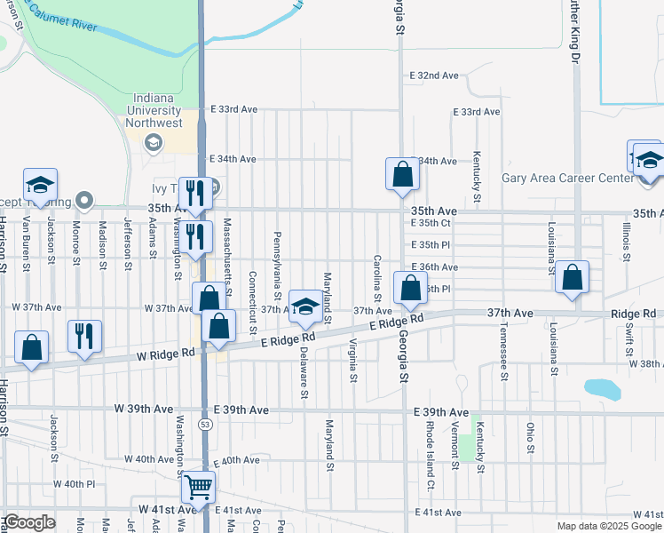 map of restaurants, bars, coffee shops, grocery stores, and more near 509A East 36th Avenue in Gary
