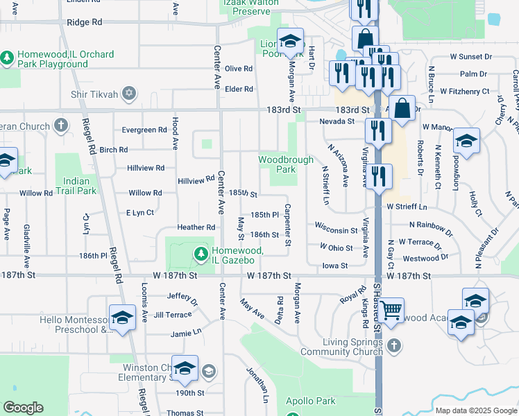 map of restaurants, bars, coffee shops, grocery stores, and more near 1101 185th Street in Homewood