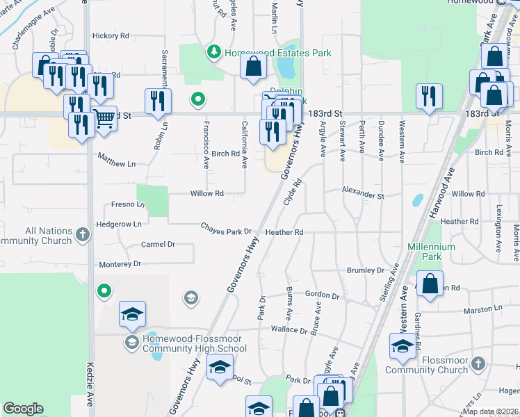 map of restaurants, bars, coffee shops, grocery stores, and more near Highway 1 in Homewood