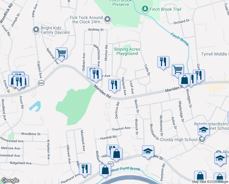 map of restaurants, bars, coffee shops, grocery stores, and more near 975 Meriden Road in Waterbury
