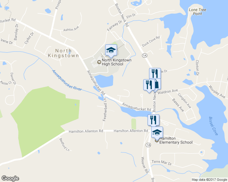 map of restaurants, bars, coffee shops, grocery stores, and more near 4 Glendale Circle in North Kingstown