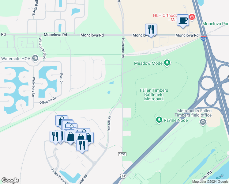 map of restaurants, bars, coffee shops, grocery stores, and more near 4820 North Jerome Road in Maumee