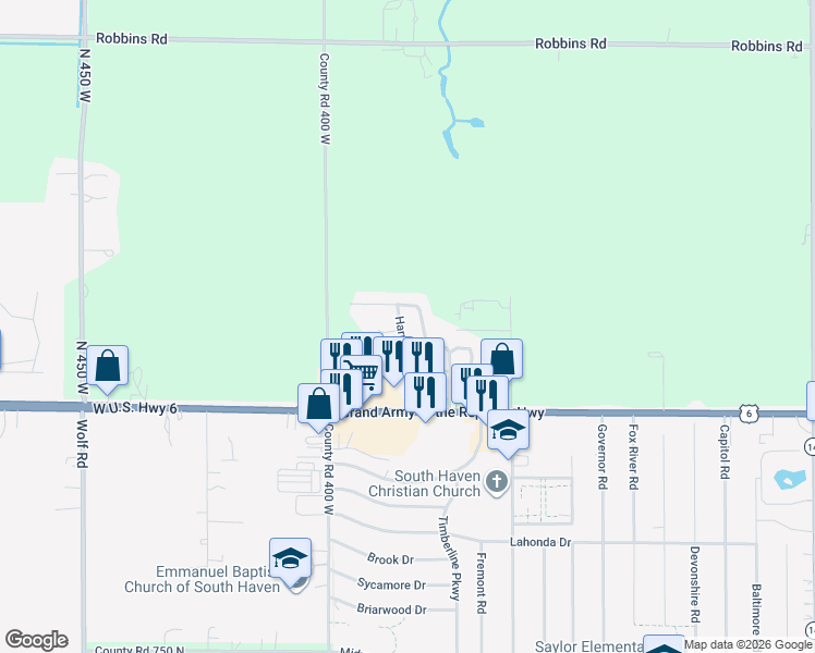 map of restaurants, bars, coffee shops, grocery stores, and more near 171-199 Harmony Trail in Valparaiso