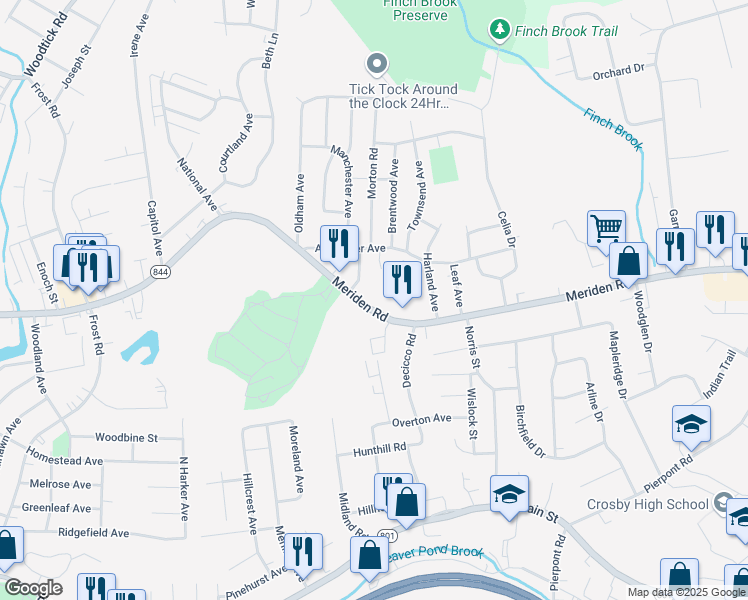 map of restaurants, bars, coffee shops, grocery stores, and more near 959 Meriden Road in Waterbury