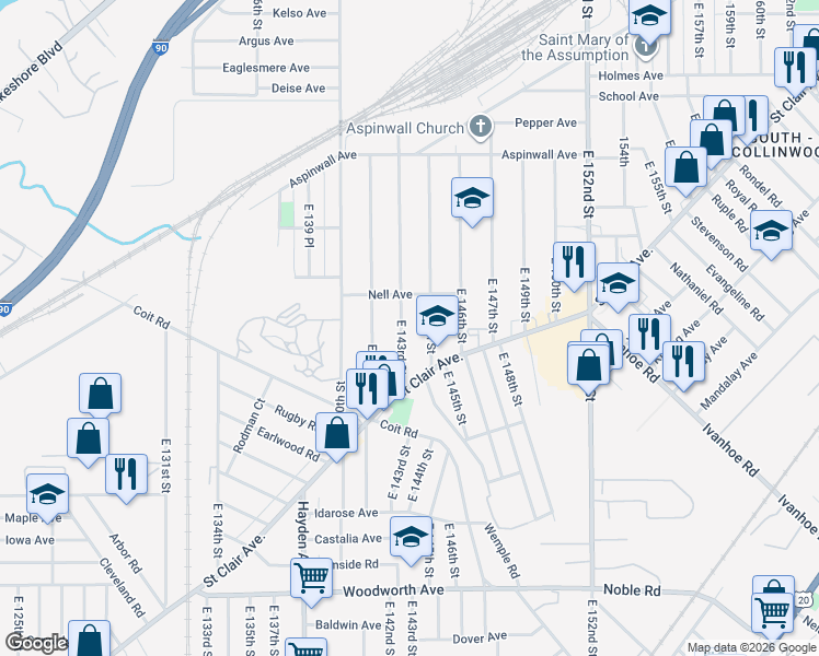 map of restaurants, bars, coffee shops, grocery stores, and more near 967 East 143rd Street in Cleveland