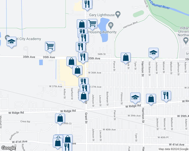 map of restaurants, bars, coffee shops, grocery stores, and more near 3617 johnson Street in Gary