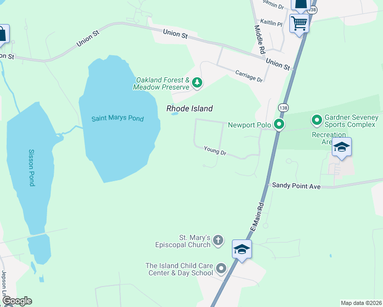 map of restaurants, bars, coffee shops, grocery stores, and more near 156 Young Drive in Portsmouth