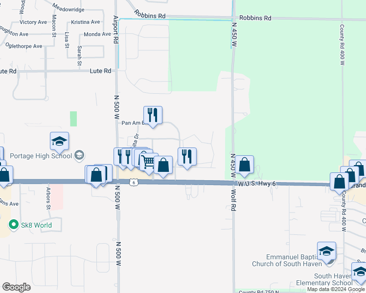map of restaurants, bars, coffee shops, grocery stores, and more near 4 Sunnyside in Portage