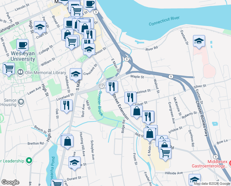 map of restaurants, bars, coffee shops, grocery stores, and more near 99 East Main Street in Middletown
