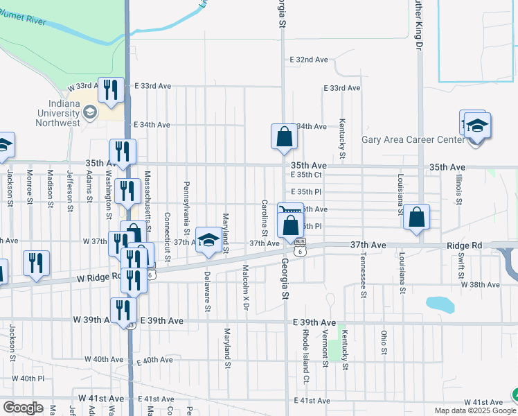 map of restaurants, bars, coffee shops, grocery stores, and more near 3600 Carolina Street in Gary