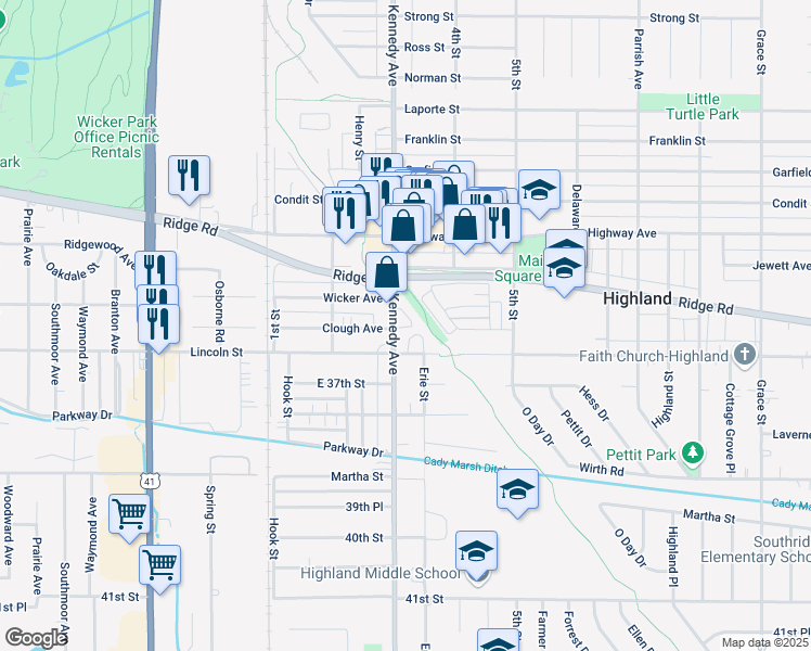map of restaurants, bars, coffee shops, grocery stores, and more near 7514 Erie Lackawanna Trail in Highland