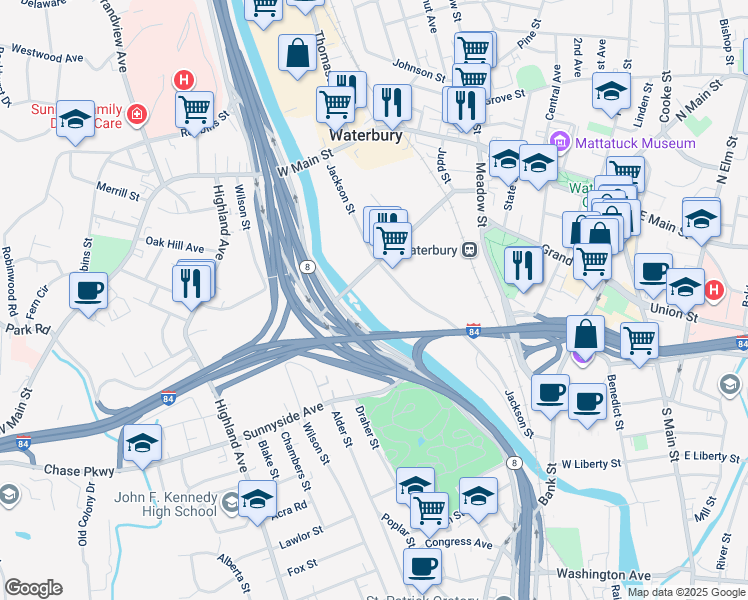 map of restaurants, bars, coffee shops, grocery stores, and more near 245 Freight Street in Waterbury