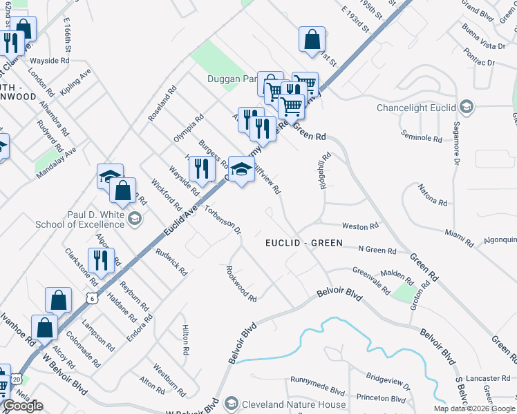 map of restaurants, bars, coffee shops, grocery stores, and more near 1908 Hurston Court in Cleveland