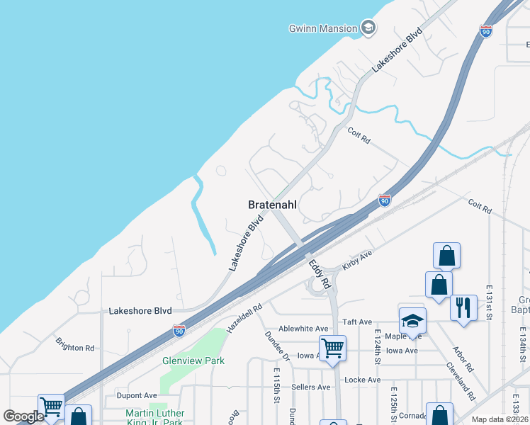 map of restaurants, bars, coffee shops, grocery stores, and more near 1 Bratenahl Place in Cleveland