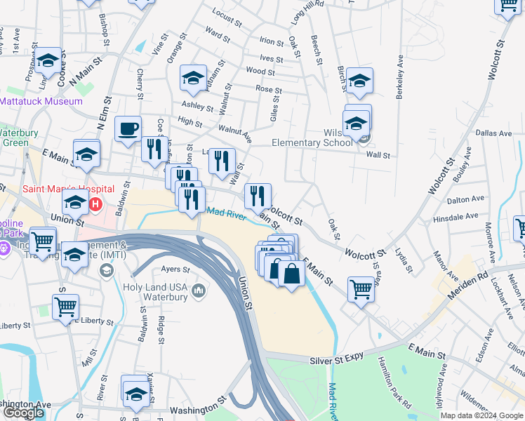 map of restaurants, bars, coffee shops, grocery stores, and more near 825 East Main Street in Waterbury