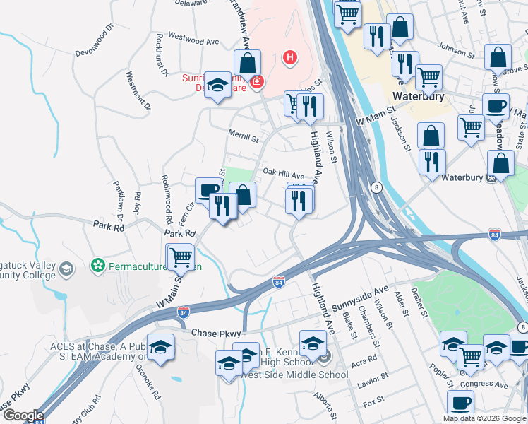 map of restaurants, bars, coffee shops, grocery stores, and more near 80 Cynthia Street in Waterbury