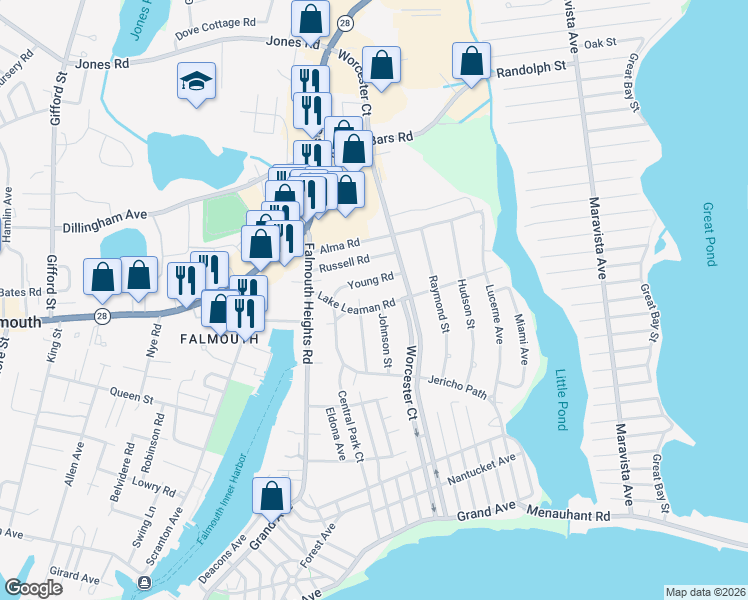 map of restaurants, bars, coffee shops, grocery stores, and more near 24 Lake Leaman Road in Falmouth