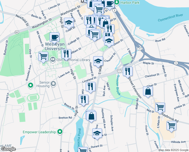 map of restaurants, bars, coffee shops, grocery stores, and more near 113 South Main Street in Middletown
