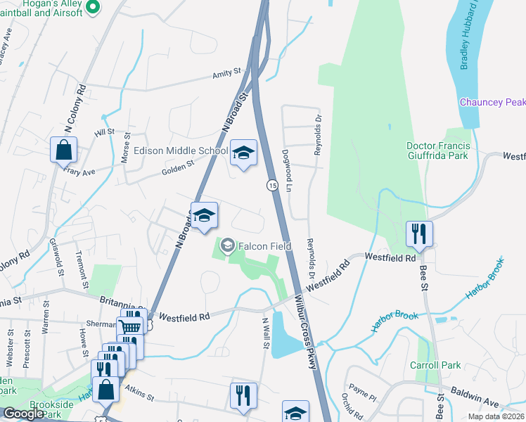map of restaurants, bars, coffee shops, grocery stores, and more near 104 Robin Hill Road in Meriden