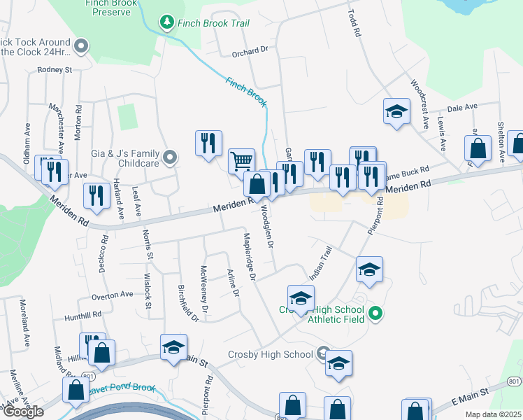 map of restaurants, bars, coffee shops, grocery stores, and more near 135 Woodglen Drive in Waterbury