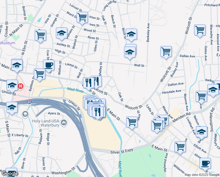 map of restaurants, bars, coffee shops, grocery stores, and more near 3 Court Street in Waterbury