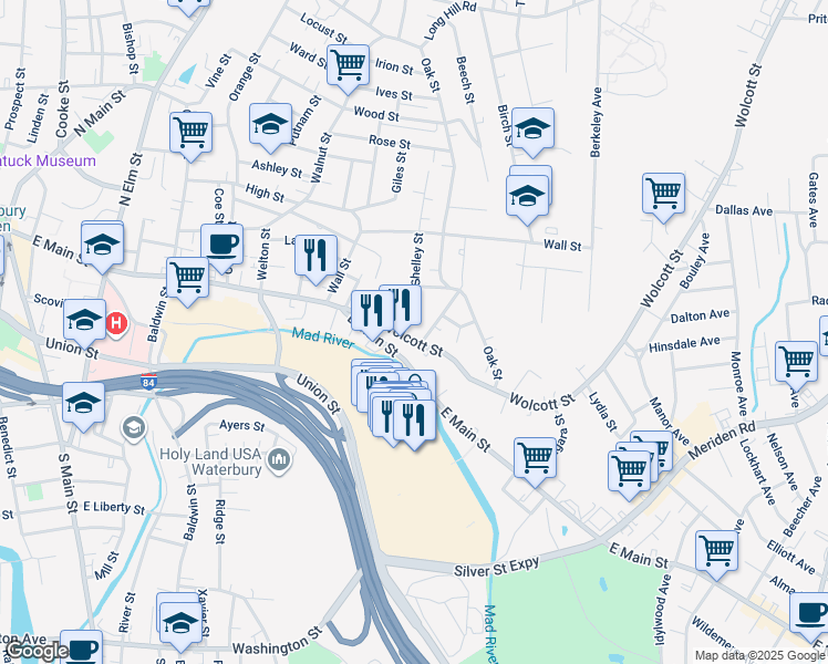 map of restaurants, bars, coffee shops, grocery stores, and more near 15 Howard Street in Waterbury