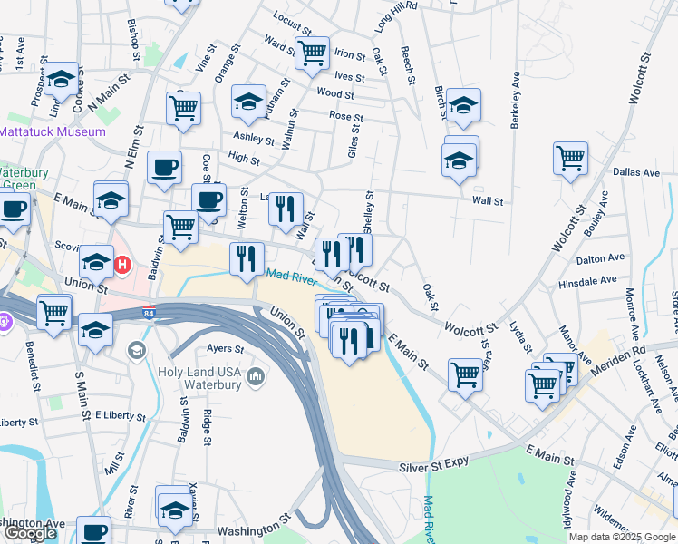 map of restaurants, bars, coffee shops, grocery stores, and more near 68 Wolcott Street in Waterbury