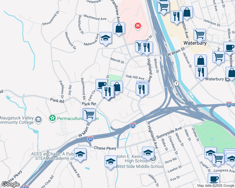 map of restaurants, bars, coffee shops, grocery stores, and more near 1201 West Main Street in Waterbury