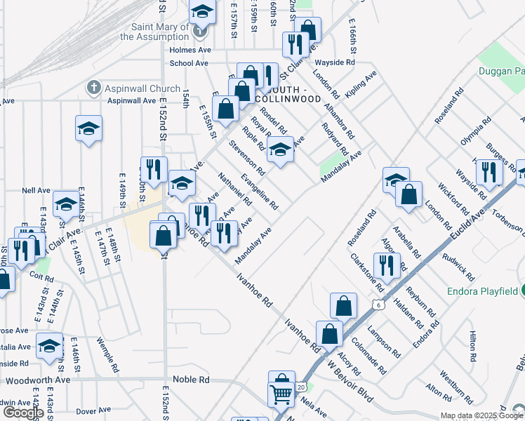 map of restaurants, bars, coffee shops, grocery stores, and more near 990 Nathaniel Road in Cleveland