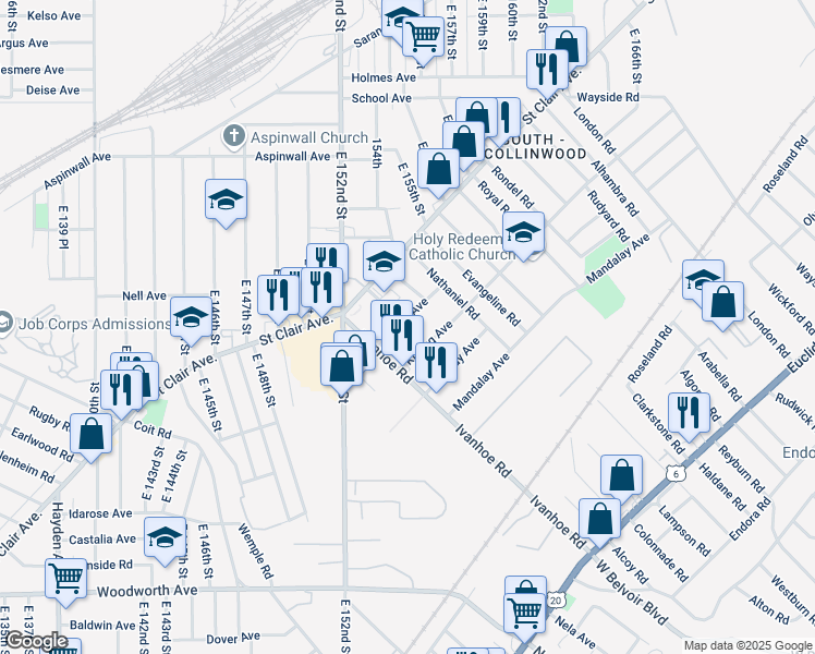 map of restaurants, bars, coffee shops, grocery stores, and more near 15340 Yorick Avenue in Cleveland