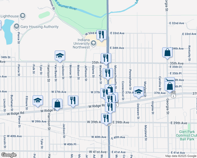 map of restaurants, bars, coffee shops, grocery stores, and more near 3601 Washington Street in Gary