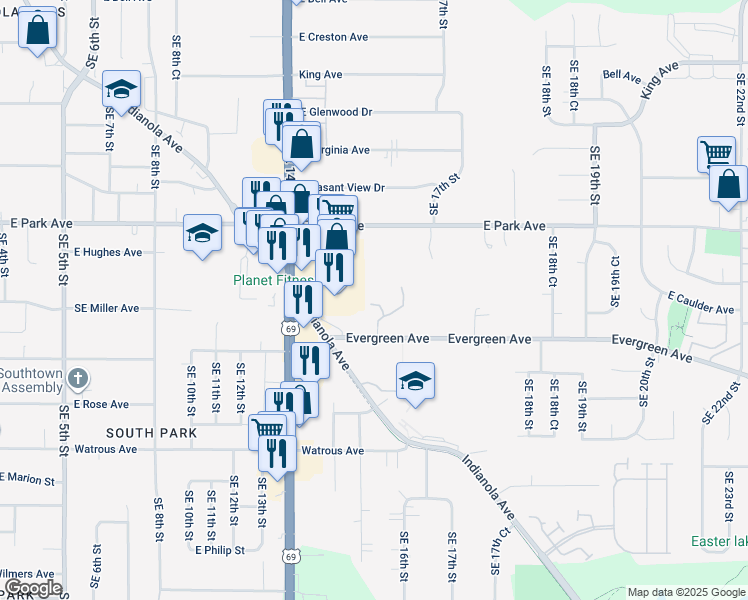 map of restaurants, bars, coffee shops, grocery stores, and more near 1516 Evergreen Avenue in Des Moines