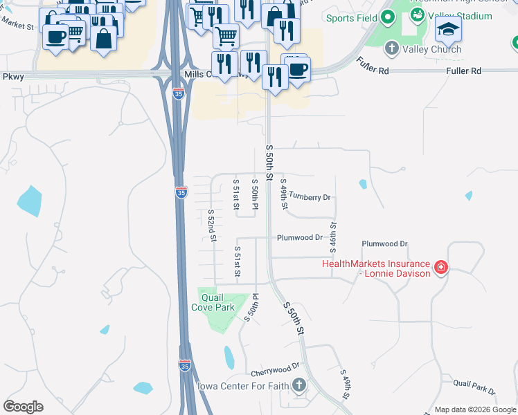 map of restaurants, bars, coffee shops, grocery stores, and more near 1220 South 50th Place in West Des Moines