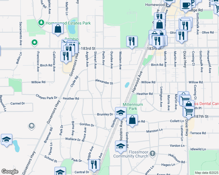 map of restaurants, bars, coffee shops, grocery stores, and more near 18524 Dundee Avenue in Homewood
