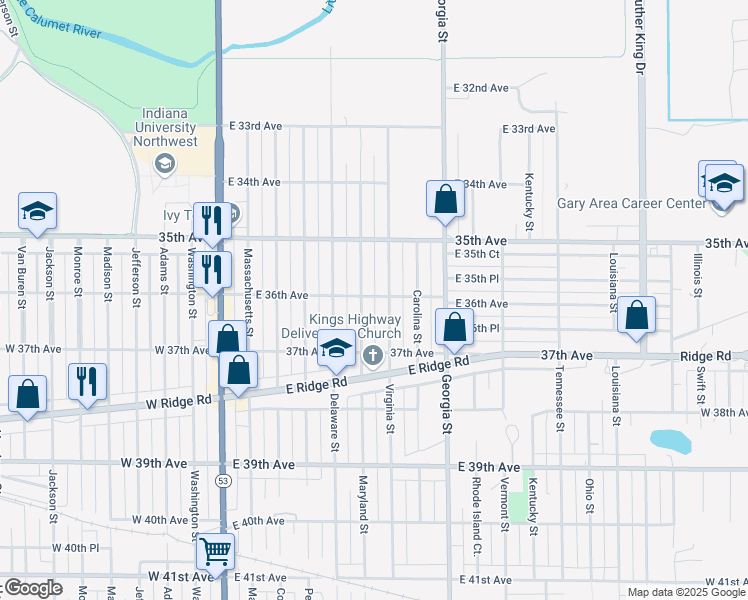 map of restaurants, bars, coffee shops, grocery stores, and more near 509A East 36th Avenue in Gary