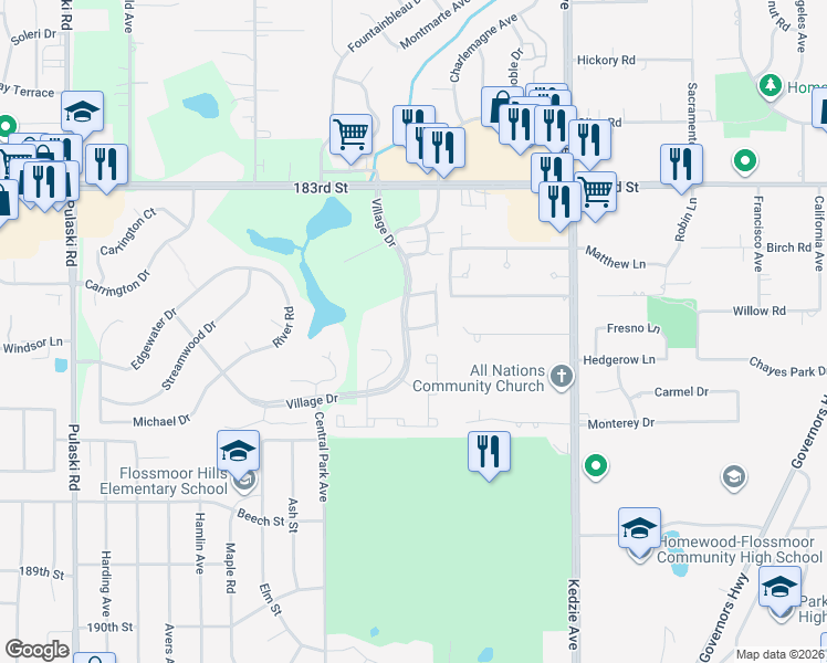 map of restaurants, bars, coffee shops, grocery stores, and more near 18591 Meadow Lane in Hazel Crest