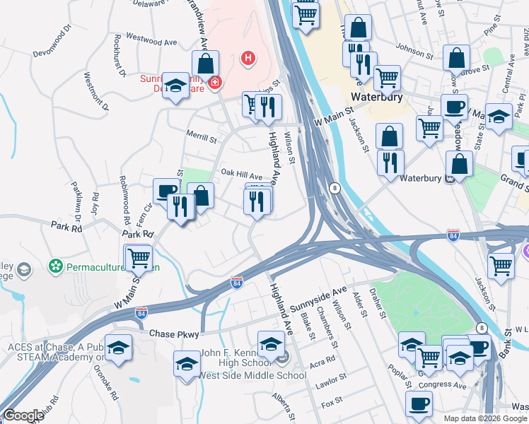 map of restaurants, bars, coffee shops, grocery stores, and more near 145 Highland Avenue in Waterbury