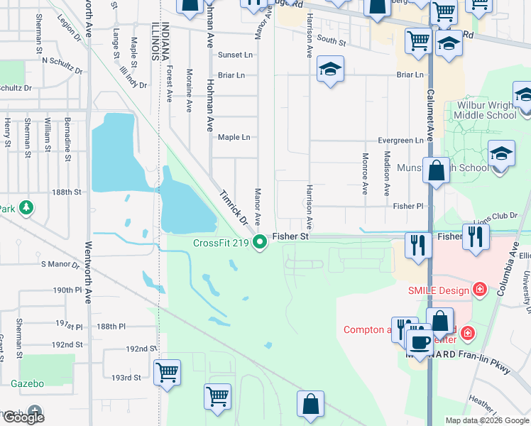 map of restaurants, bars, coffee shops, grocery stores, and more near 8819 Manor Avenue in Munster