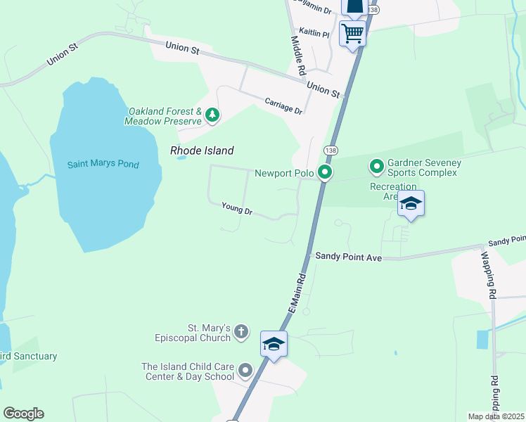 map of restaurants, bars, coffee shops, grocery stores, and more near 65 Young Drive in Portsmouth
