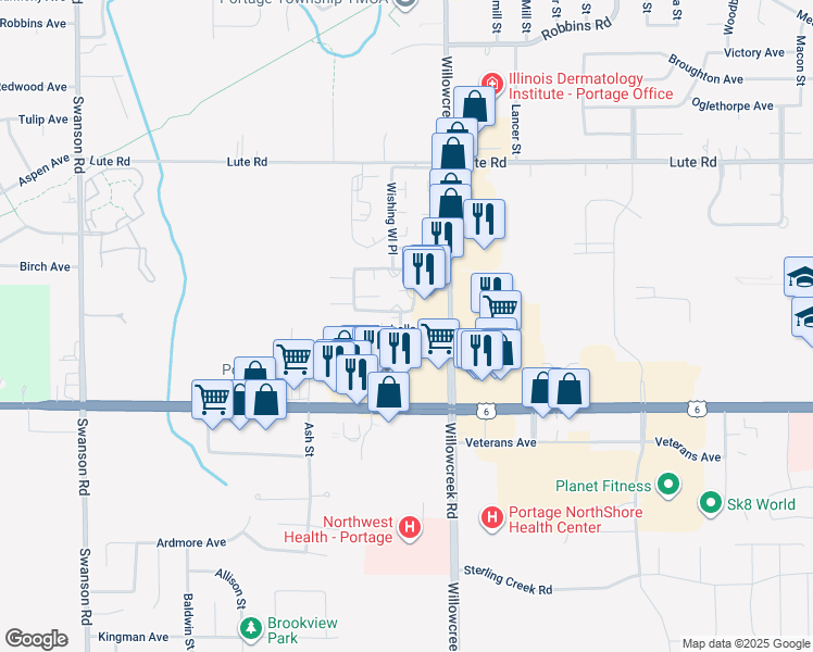map of restaurants, bars, coffee shops, grocery stores, and more near 5934 Marbella Avenue in Portage