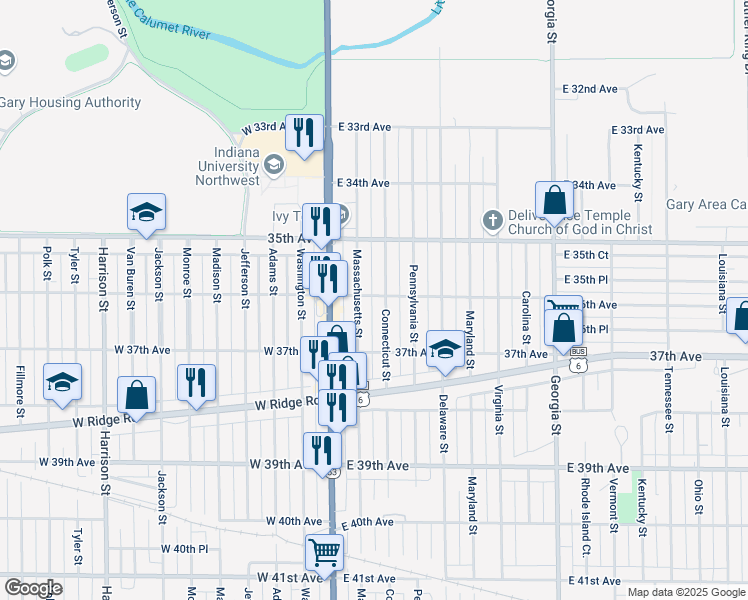 map of restaurants, bars, coffee shops, grocery stores, and more near 151 East 36th Avenue in Gary