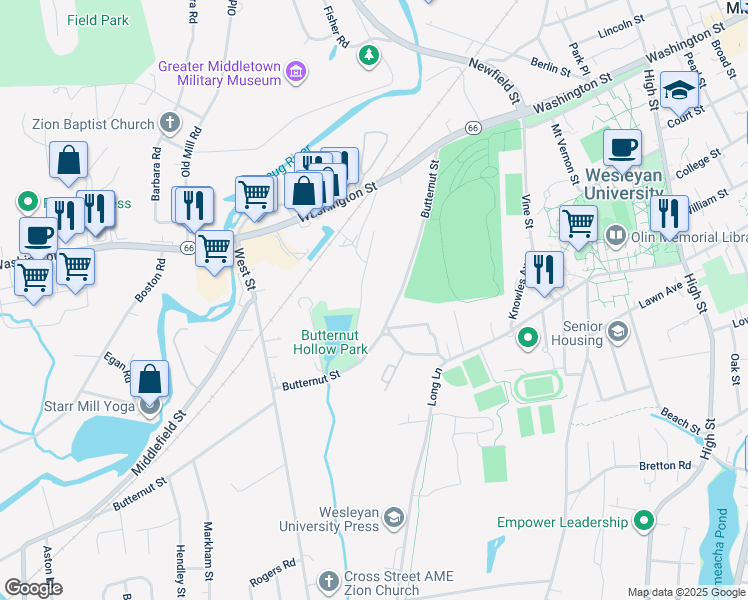 map of restaurants, bars, coffee shops, grocery stores, and more near 66 Thomas Street in Middletown