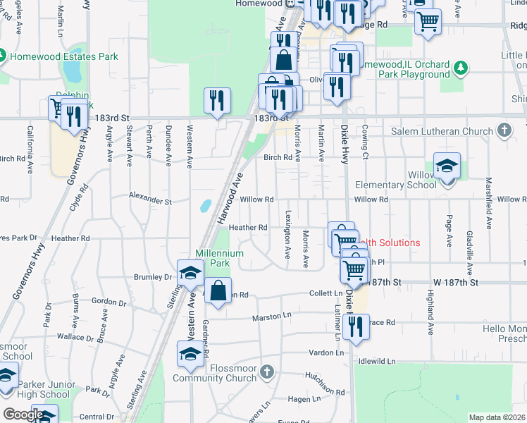 map of restaurants, bars, coffee shops, grocery stores, and more near 18522 Klimm Avenue in Homewood