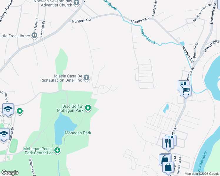 map of restaurants, bars, coffee shops, grocery stores, and more near 305 Mohegan Park Road in Norwich